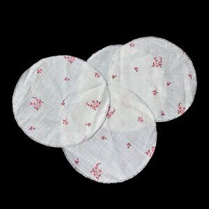 Round Placemats Fringe White Pink Floral Embroidery Set Of 4 Cottage Romantic